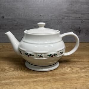 Longaberger Pottery Traditional Holly Teapot Christmas USA